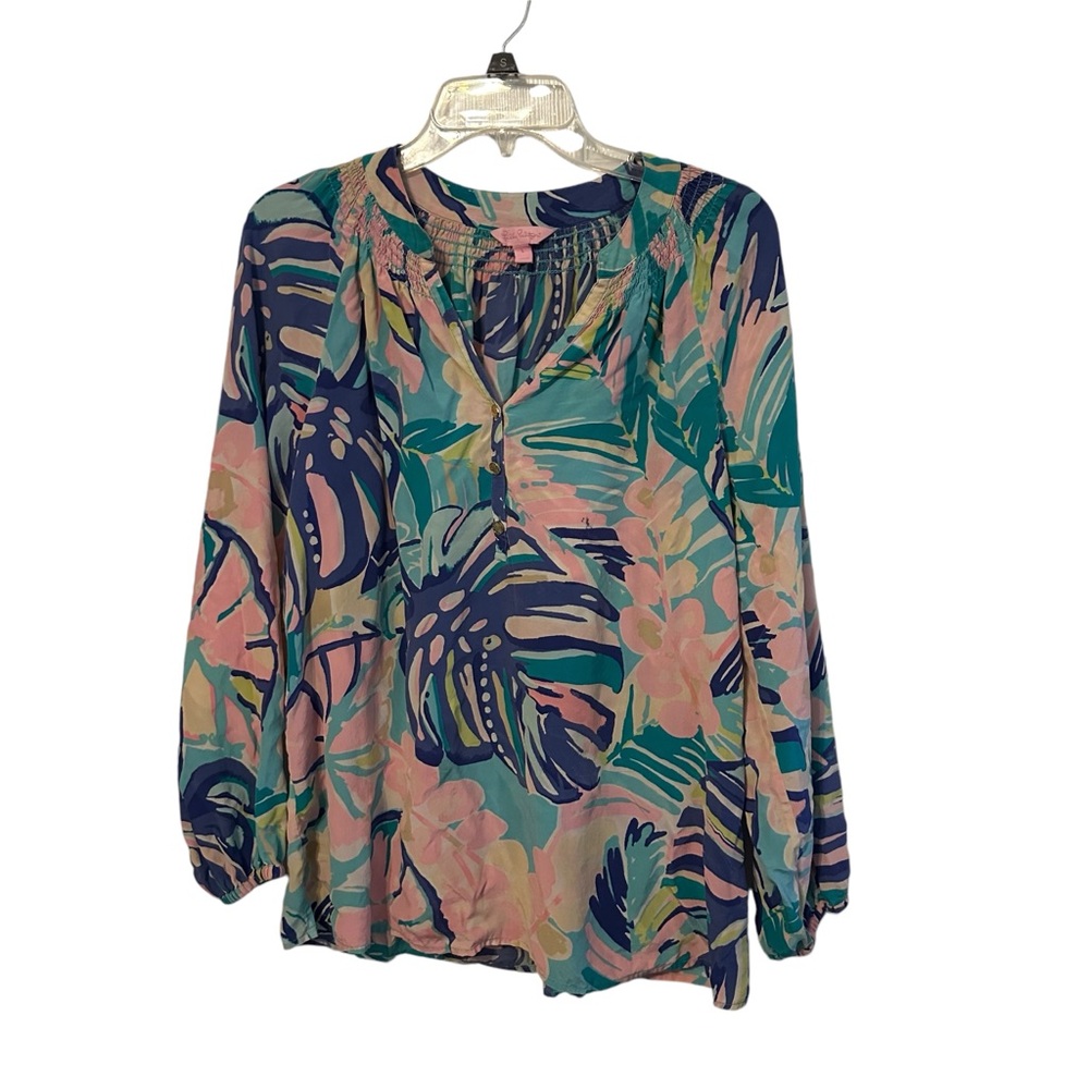 Lilly Pulitzer Pink Long Sleeve Silk Floral Blouse Large